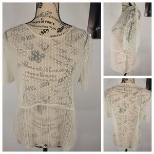 Zara Sz M Sheer Top Polka Dots Pleated Hem Ivory